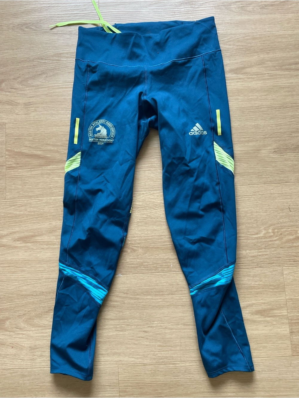 adidas Teal Blue Athletic Tights with Neon Yellow Accents